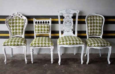 Mismatched-dining-room-chairs-painted-white-and-reupholstered-with-matching-green-houndstooth-pattern